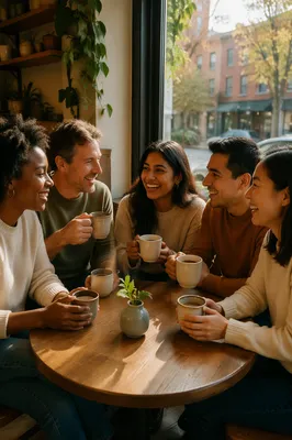 Friends Laughing Over Coffee in Cafe
