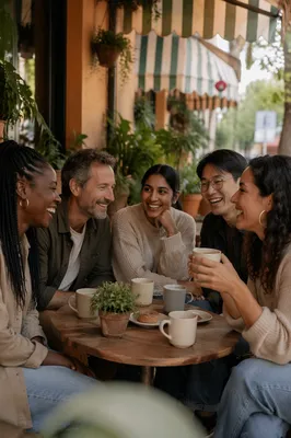 Diverse Friends Laughing at Cafe Patio