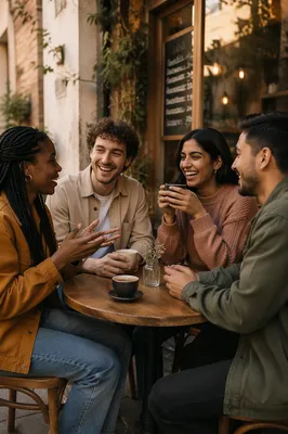 Four Friends Laughing at Cafe Patio
