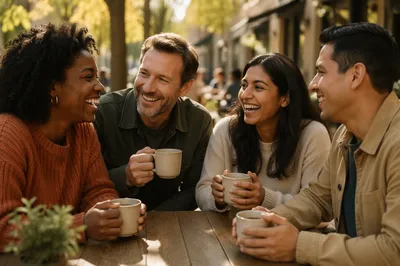 Four Friends Laughing at Cafe Patio