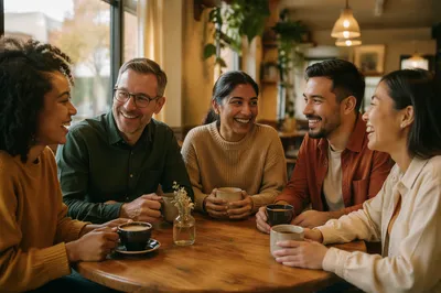 Diverse Friends Laughing Over Coffee Together