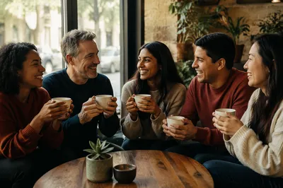 Five Friends Laughing Over Coffee