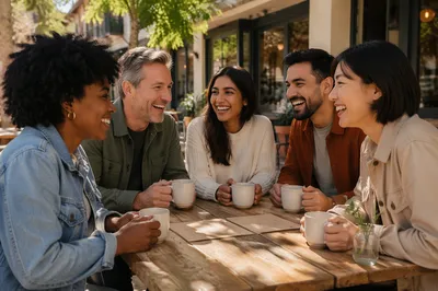 Five Friends Laughing at Cafe Patio