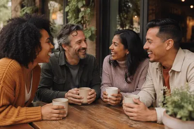 Four Friends Laughing at Cafe Patio