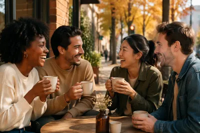 Friends Laughing Over Coffee at Cafe Patio