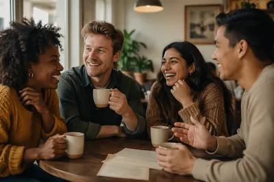 Friends Laughing Over Coffee in Cafe