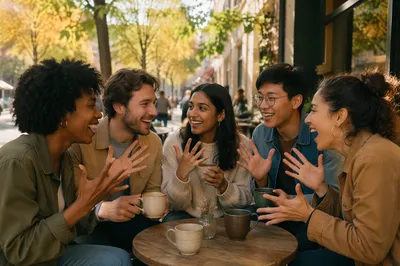 Five Friends Laughing at Outdoor Cafe