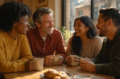 Friends Laughing Over Coffee at Cafe
