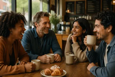 Friends Laughing Over Coffee at Cafe