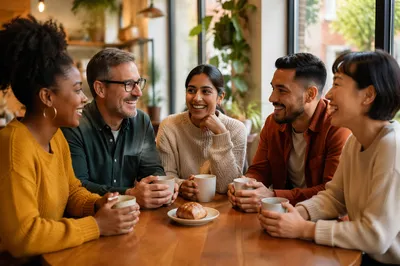 Diverse Friends Laughing Over Coffee Together