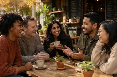Friends Laughing Over Coffee on Patio
