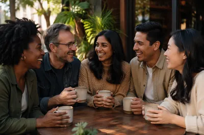 Five Friends Laughing Over Coffee Outdoors