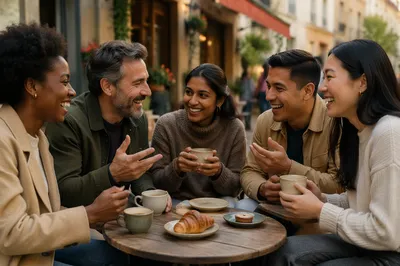 Five Friends Laughing at Outdoor Cafe