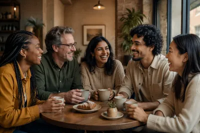 Diverse Friends Laughing in Cozy Cafe