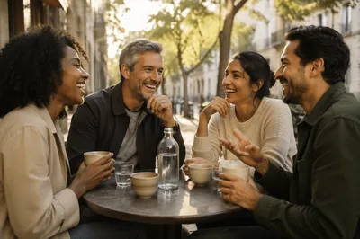 Friends Laughing at Outdoor Cafe Table