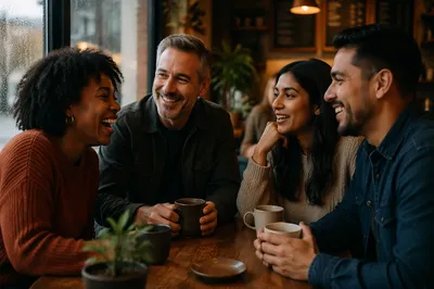 Friends Laughing Over Coffee in Cozy Cafe