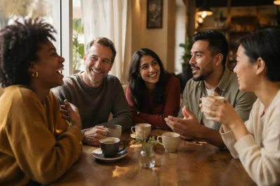 Five Friends Laughing Over Coffee