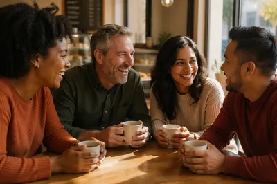 Friends Laughing Over Coffee at Cafe