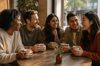 Five Friends Laughing Over Coffee Together