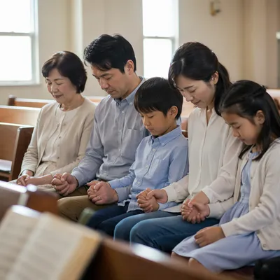 Japanese Family Worshipping in Chapel Pew