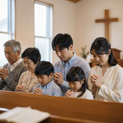 Japanese Family Praying in Modern Chapel