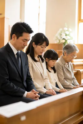 Japanese Family in Sunlit Chapel Service