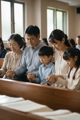Japanese Family Worshipping in Chapel Pew