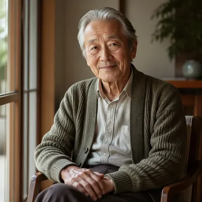 Elderly Japanese Grandfather by Window Portrait