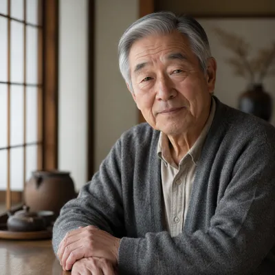 Elderly Japanese Grandfather by Paper Window
