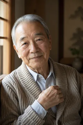 Elderly Japanese Grandfather by Sunlit Window