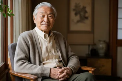 Elderly Japanese Grandfather by Window Portrait