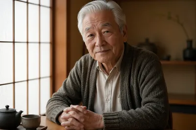Elderly Japanese Grandfather by Paper Window