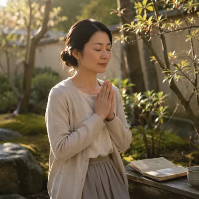 Japanese Woman Praying in Morning Garden