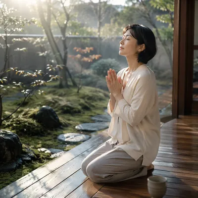 Japanese Woman Praying in Garden at Dawn