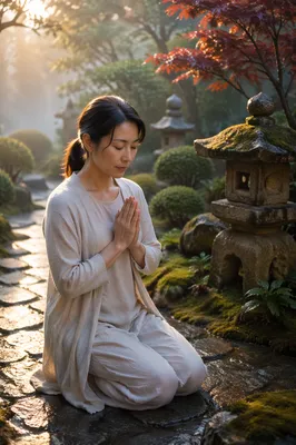 Japanese Woman Praying in Morning Garden