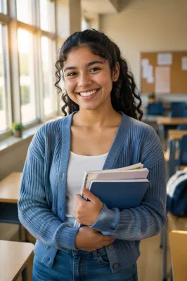 Joyful Teenage Girl in Sunny Classroom