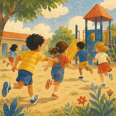 Children Playing on Sunny School Playground