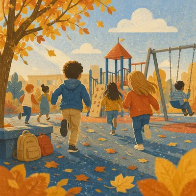 Children Playing on Autumn School Playground
