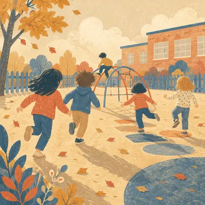 Children Playing at Autumn School Recess