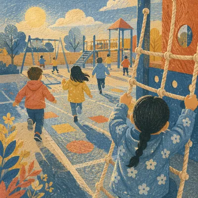 Children Playing at Morning School Playground
