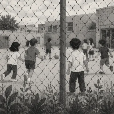 Children Playing Behind School Playground Fence