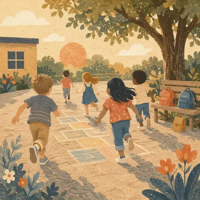 Children Playing on Sunny School Playground