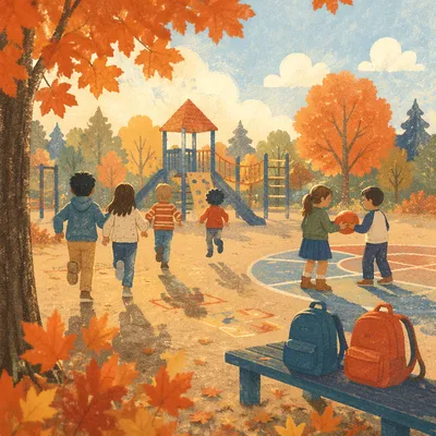 Children Playing on an Autumn School Playground