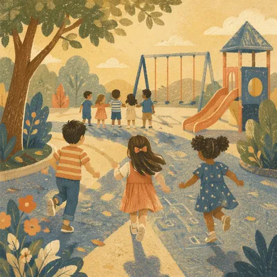 Children Playing on Sunny School Playground