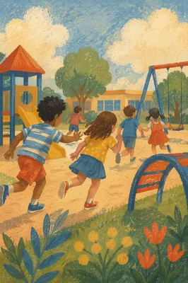 Children Playing on Sunny School Playground