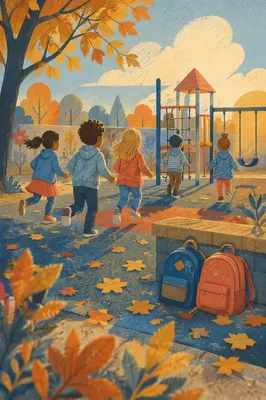 Children Playing on Autumn School Playground