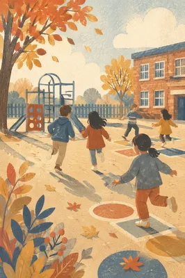 Children Playing on Autumn School Playground