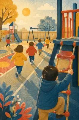Children Playing at Sunny School Playground