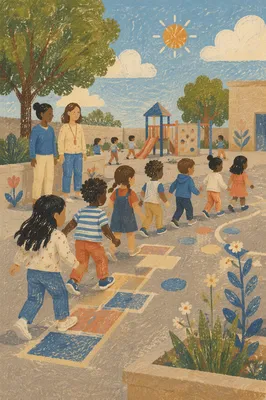 Children Playing Together on Sunny School Playground