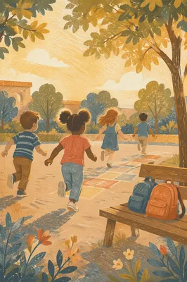 Children Playing on Sunny School Playground